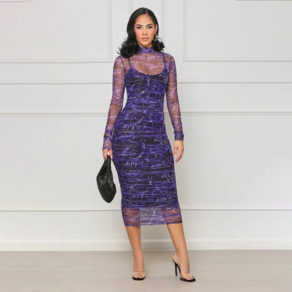 Printed Round Neck Long Sleeve Slim Fit Party Dress.