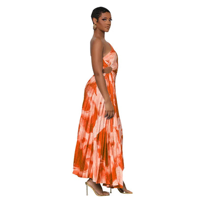 Oblique Single Shoulder Pleated Print Long Dress.
