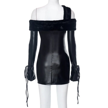 Leather Fur Elegant Luxury Mini Dress.