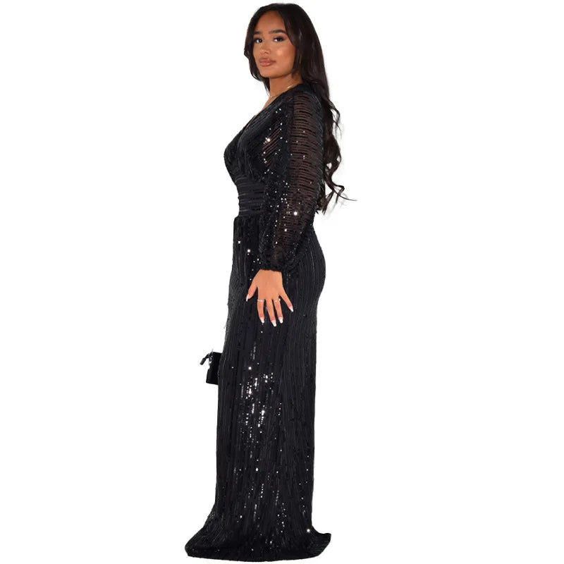 Waist Wrapped V-Neck Sequins Long Sleeve Long Dress.