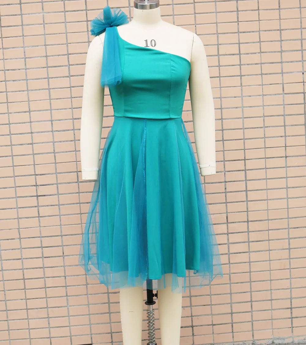 Single Shoulder Oblique Neck Bow Mesh A-line Dress.