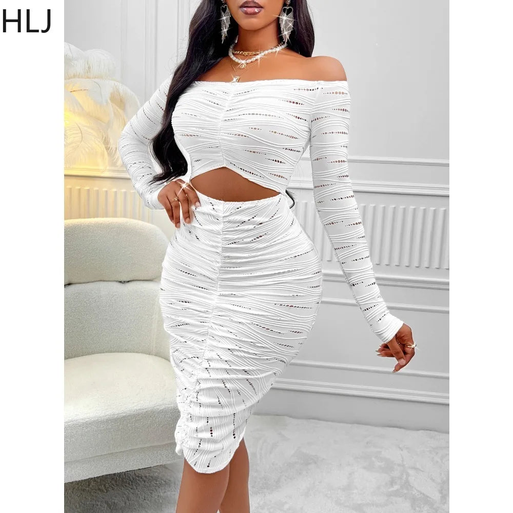 White Sexy Off Shoulder Hollow Out Knee Dress.