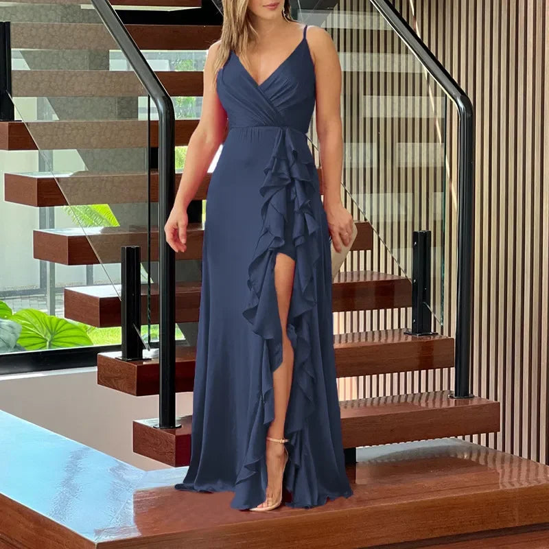 Sexy Deep V Neck Slip Fashion Ruffles Slit Maxi Dress.