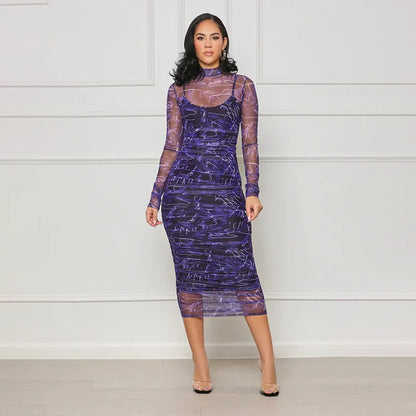 Printed Round Neck Long Sleeve Slim Fit Party Dress.