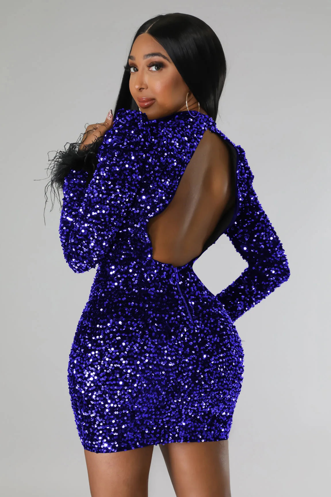 Sequins Lantern Sleeve Mini Dress.