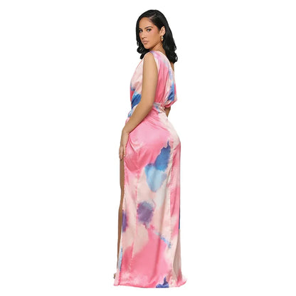 Sexy Sleeveless Slanted Shoulder Vibrant Gradient Slit Dress.