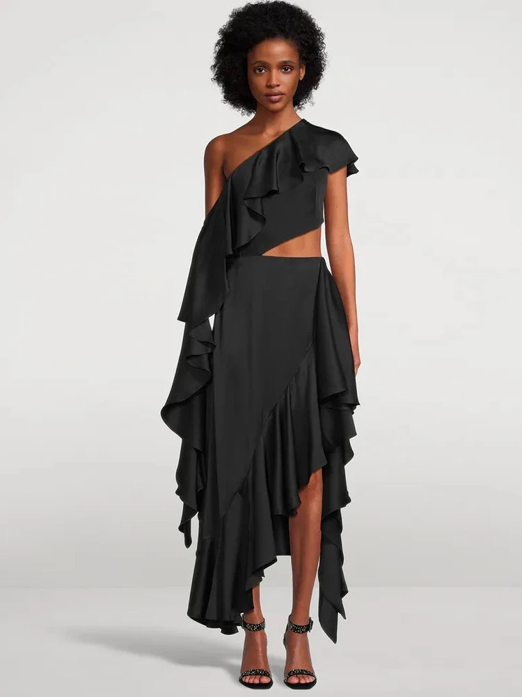 Sexy Asymmetric Ruffled Slanted Cut Out Dress.