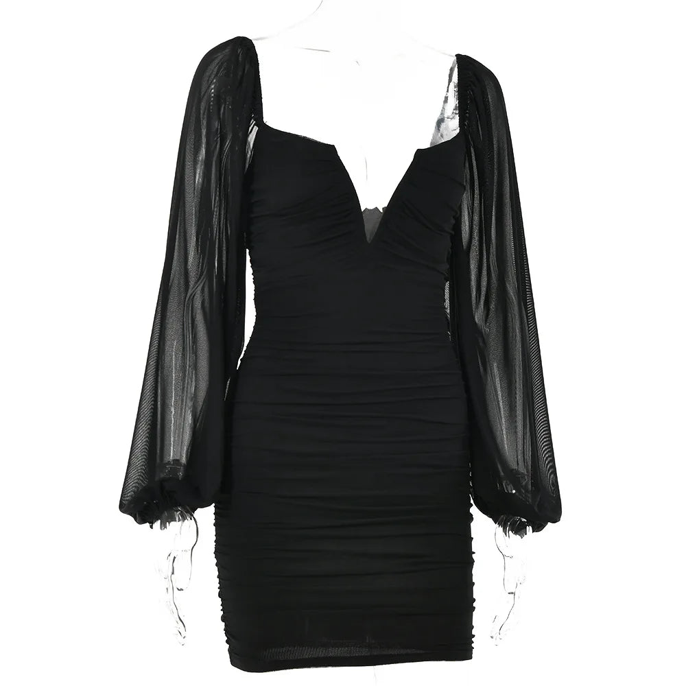 Temperament V-neck Skirt Long-sleeved Backless Y2K Dress.