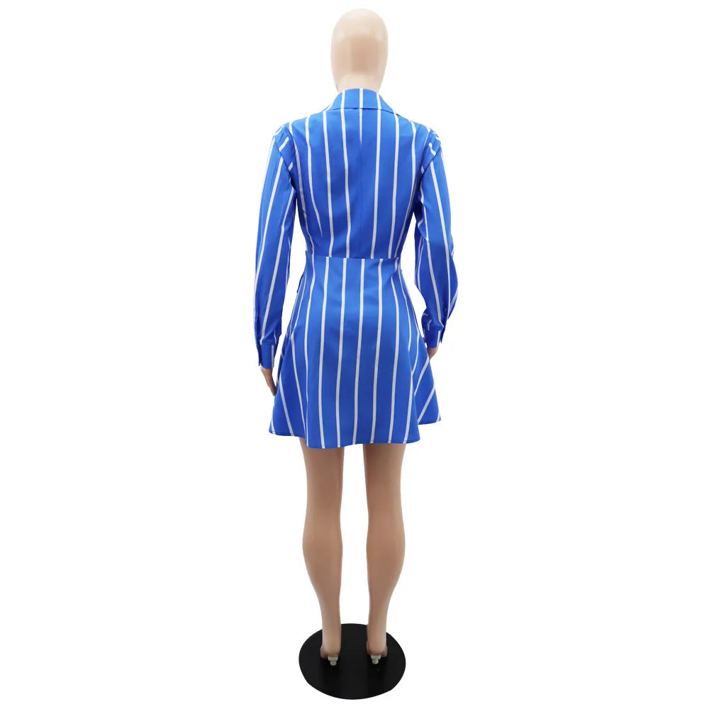 Polo Neck Striped Button Print Dress.