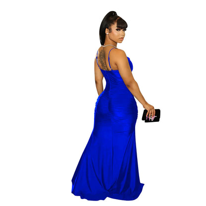 Mesh Split Sling Strap Evening Dress.