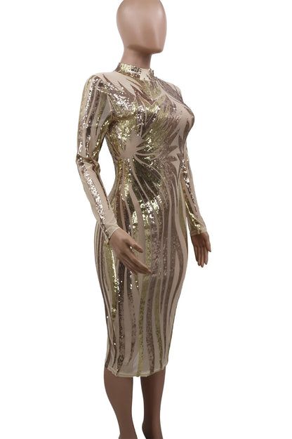 Printed Sequin Mesh Long Sleeve Wrap Hip Mini Evening Dress.