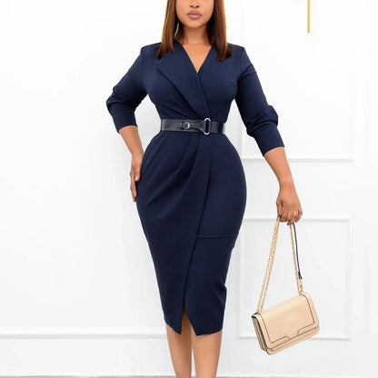 Office Ladies Elegant Solid Full Sleeve Turn Down Dress.