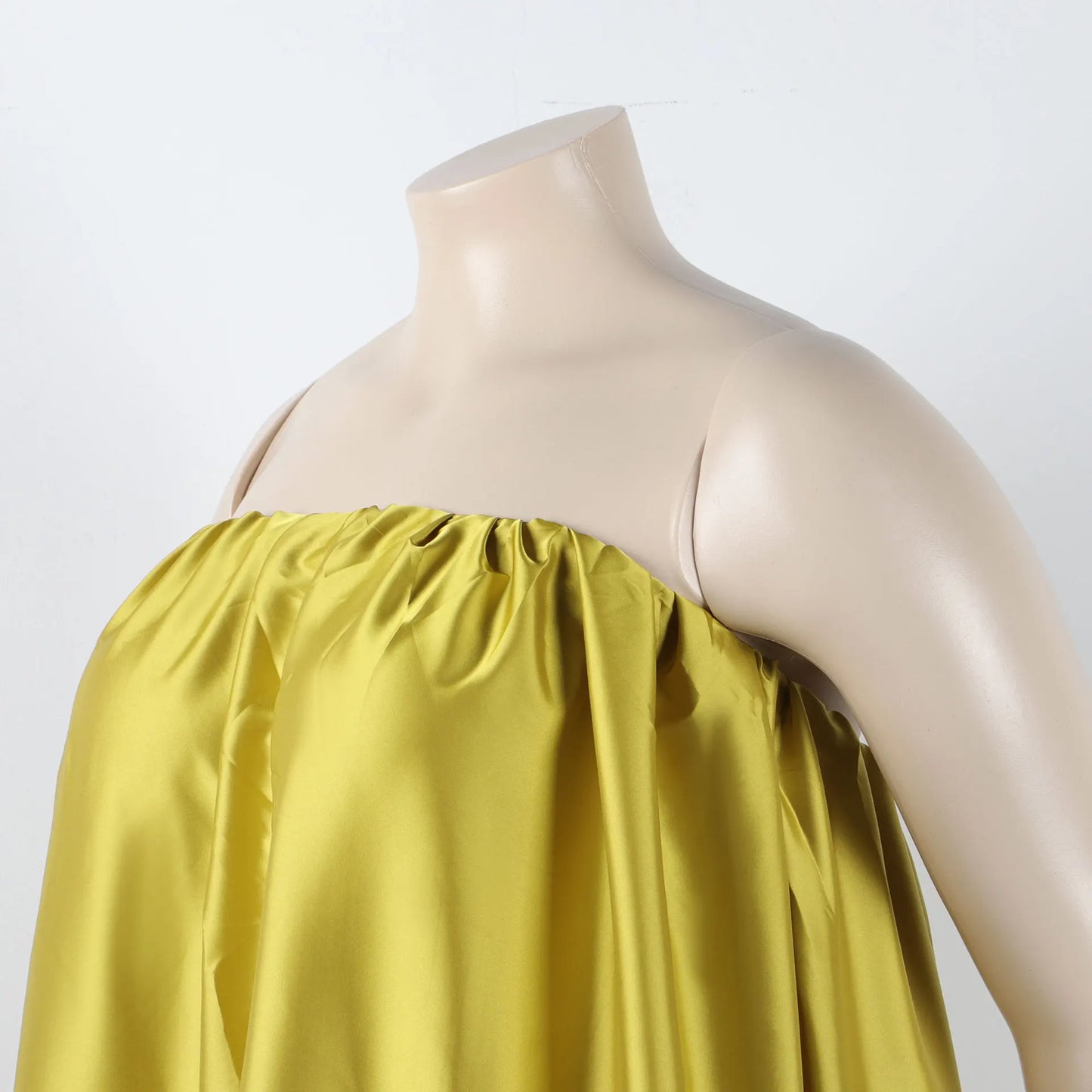 Satin Top Pressed Pleated Sleeveless Off Shoulder Evening Dress.