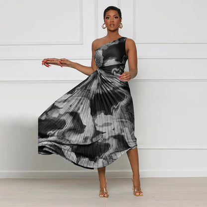 Oblique Single Shoulder Pleated Print Long Dress.