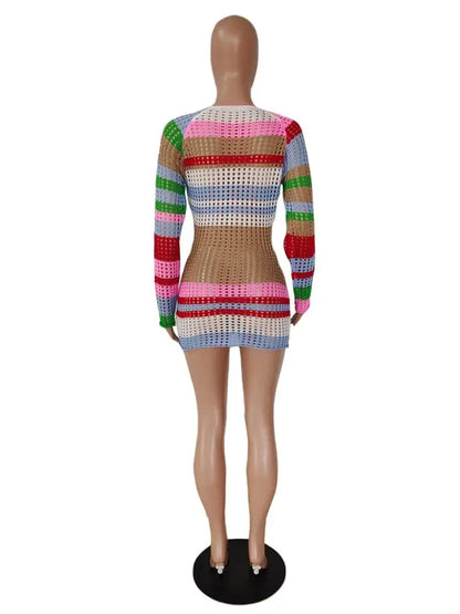 Rainbow Colour Off The Shoulder Mesh Striped Mini Dress.