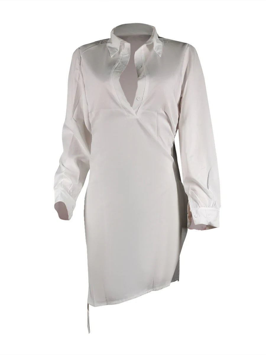 White Turndown Collar Side Drawstring Shirt Mini Dress.