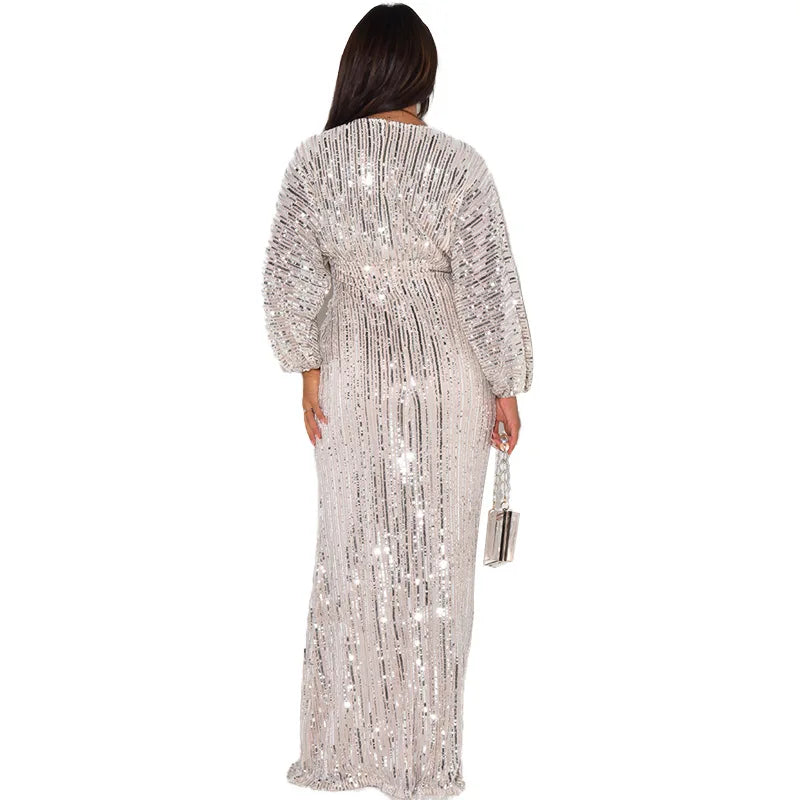 Waist Wrapped V-Neck Sequins Long Sleeve Long Dress.