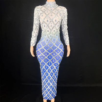 Silver Rhinestone Long sleeved Long Dress.