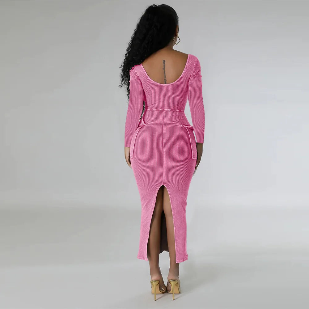 Long Sleeve Square Neck Slim Fit Split Dress.