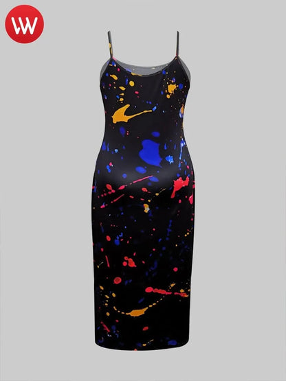 Plus Size Boho U Neck Splash-ink Dress.