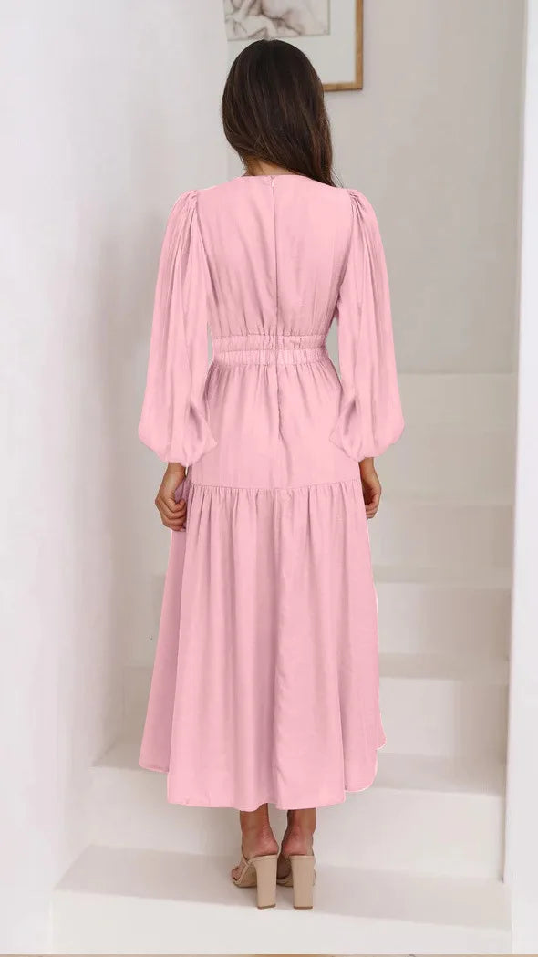 Slim Pleated V Neck Long Sleeve Dress.