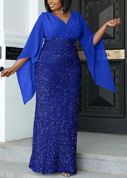 Shiny Chiffon Loose Banquet Midi V-Neck Dress.