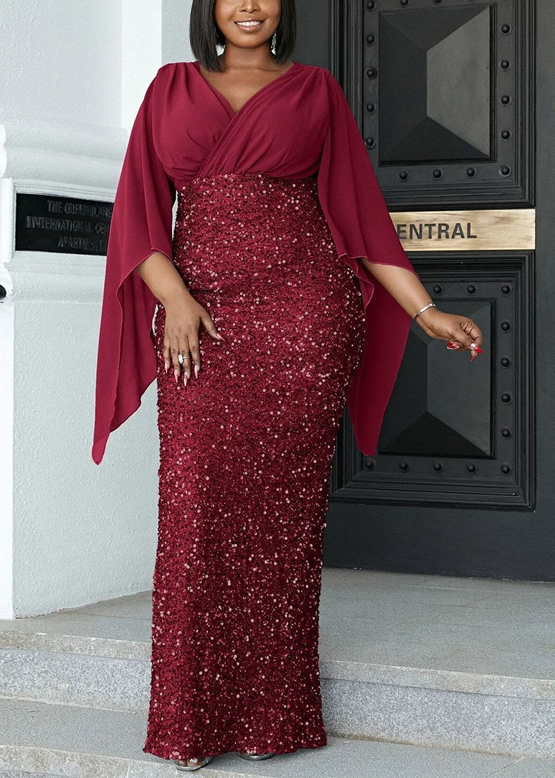 Plus Size Shiny Chiffon Midi V Neck Dress.