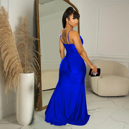 Mesh Split Sling Strap Evening Dress.