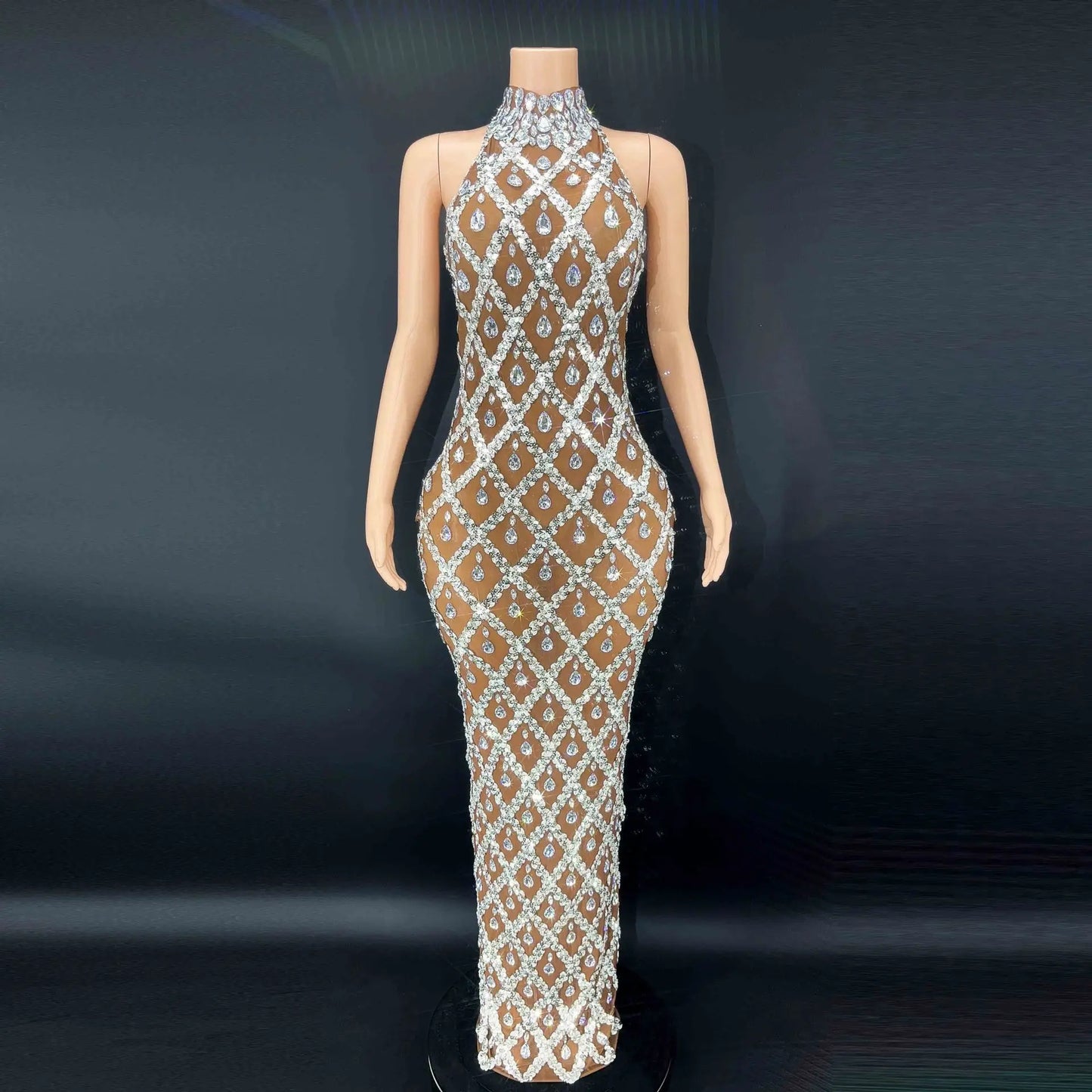 Silver Rhinestone Transparent Long Evening Dress.