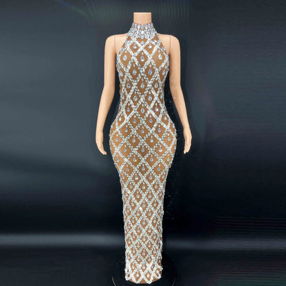 Silver Rhinestone Transparent Long Evening Dress.