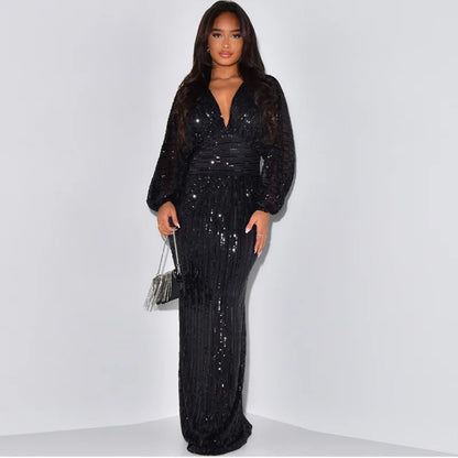 Waist Wrapped V-Neck Sequins Long Sleeve Long Dress.