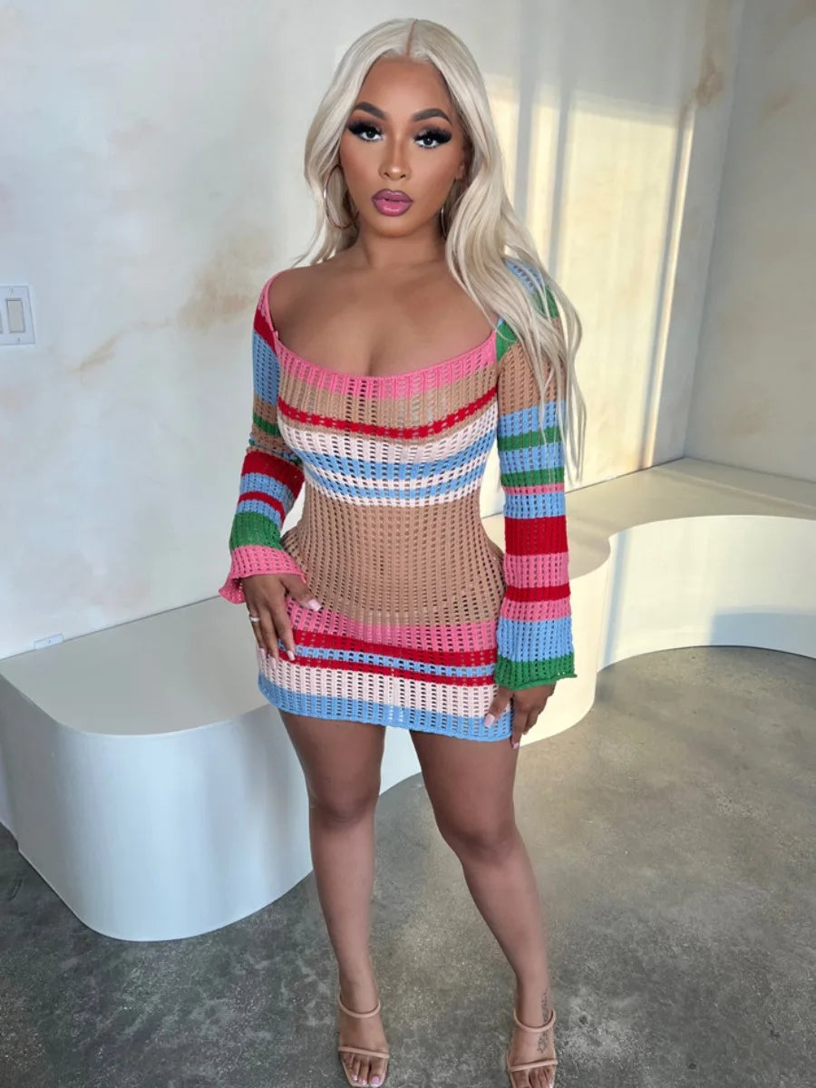 Rainbow Colour Off The Shoulder Mesh Striped Mini Dress.