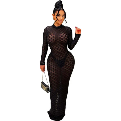 Slim Fit Elastic Mesh Round Neck Dress.