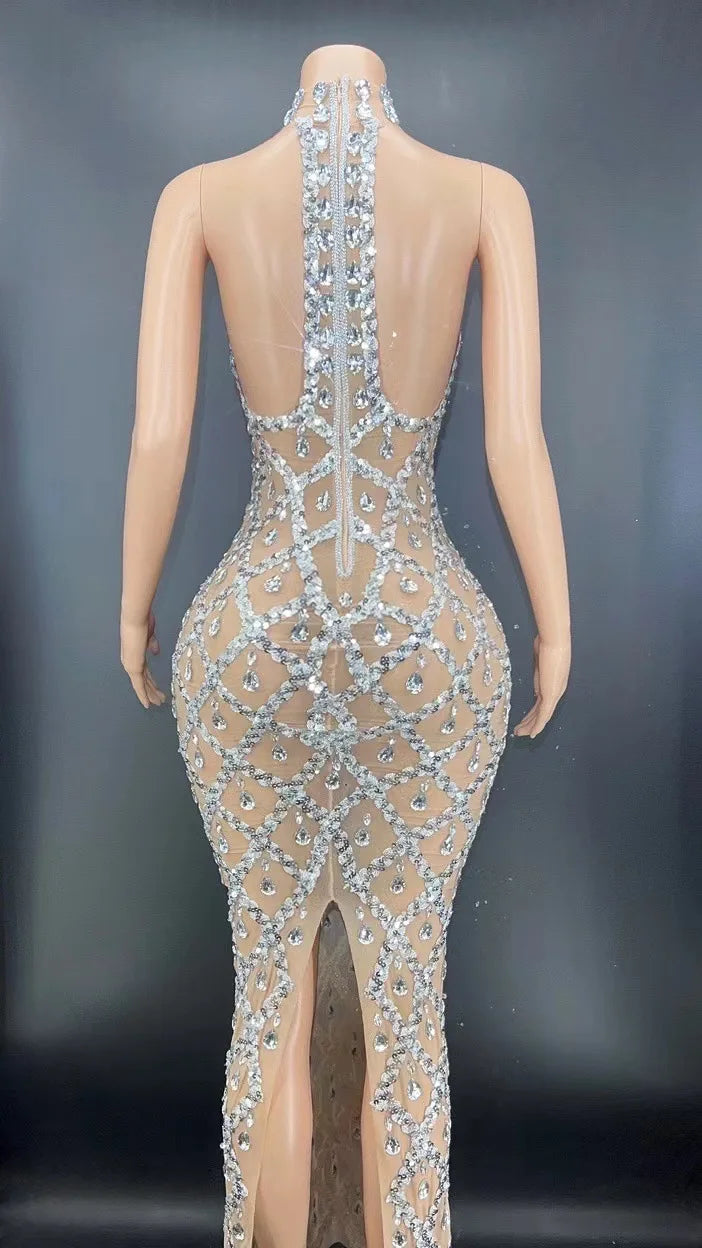 Silver Rhinestone Transparent Long Evening Dress.