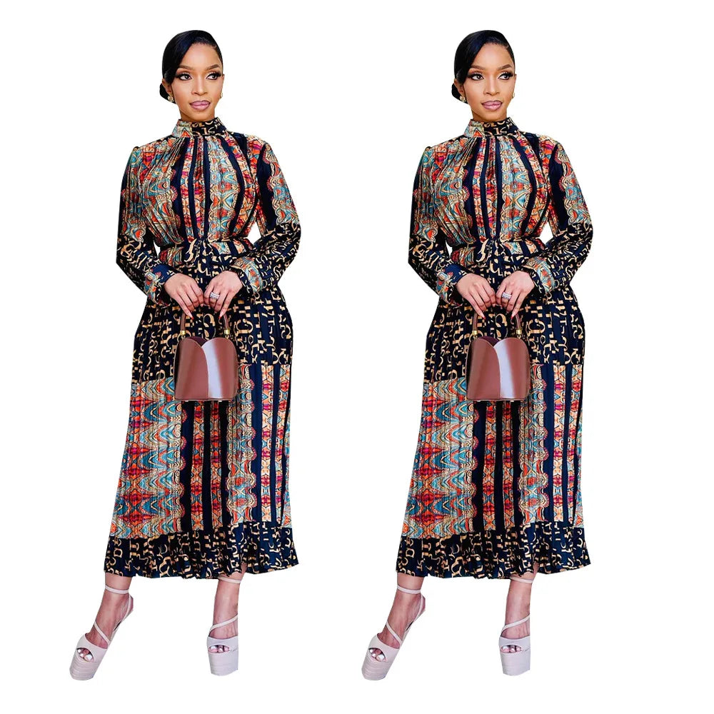 Printed Long Sleeves Pressed Pleated Dress.