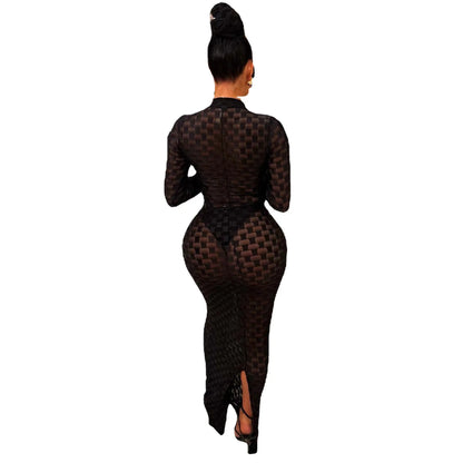 Slim Fit Elastic Mesh Round Neck Dress.