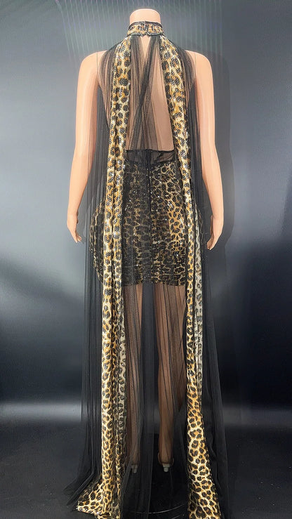 Leopard Print Tight Fitting Cape Dress.