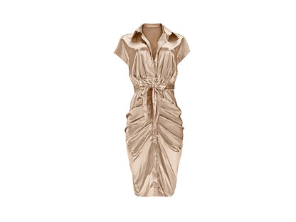 Reflective Silk Pleated Tie Up Shirt Dress.