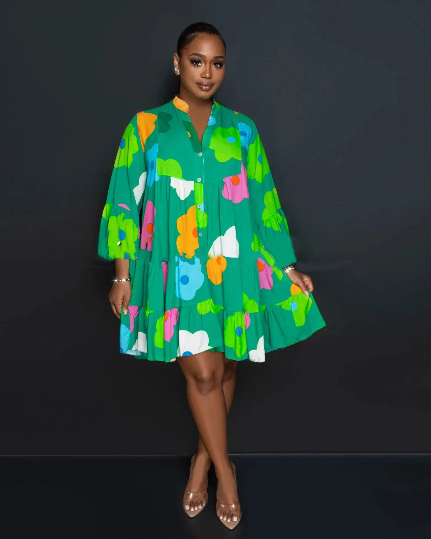 Painted Printing V-neck Long-sleeved Half-length Dress.