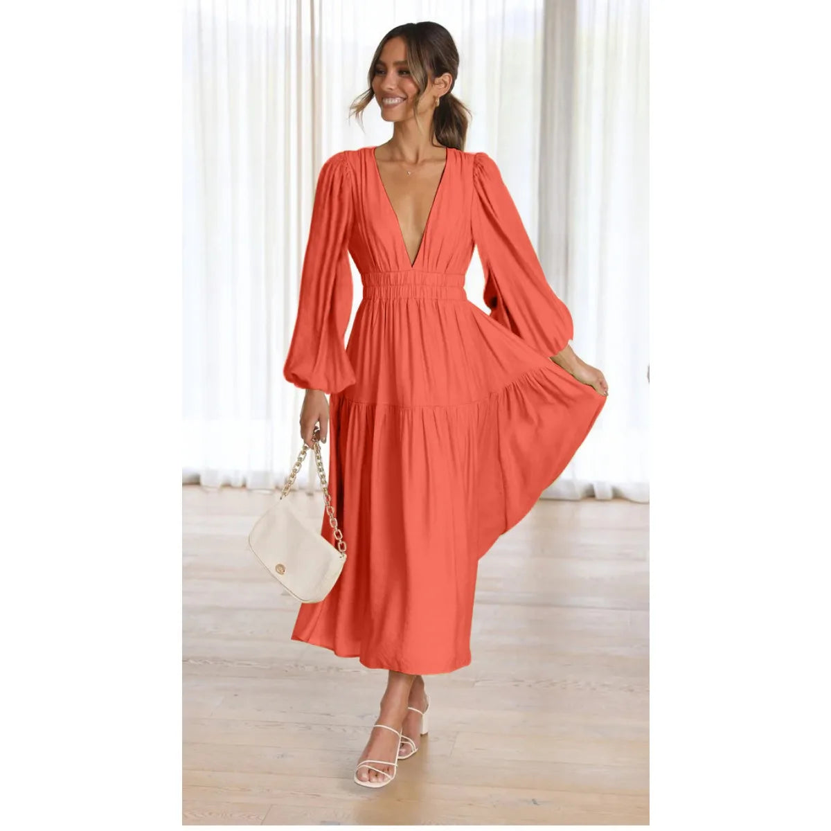 Slim Pleated V Neck Long Sleeve Dress.