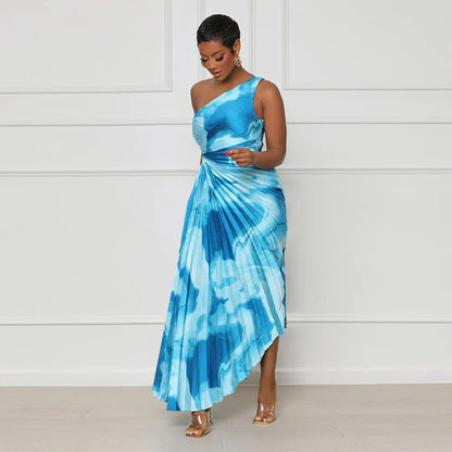 Oblique Single Shoulder Pleated Print Long Dress.