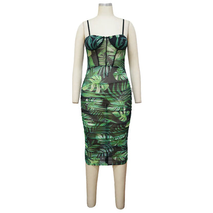 Wrapped Hip with Hanging Strap Printed Waist Wrapping Dress.