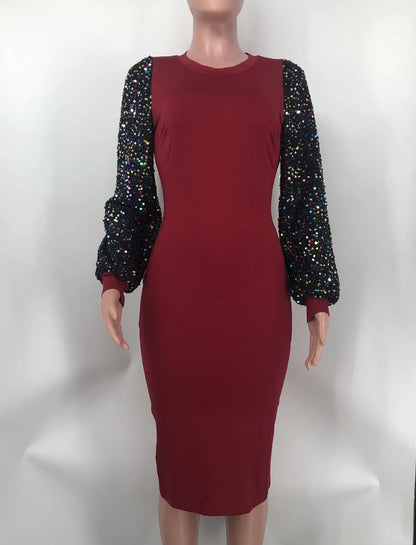 Sequin Sleeve Splice Wrapped Party Dress.