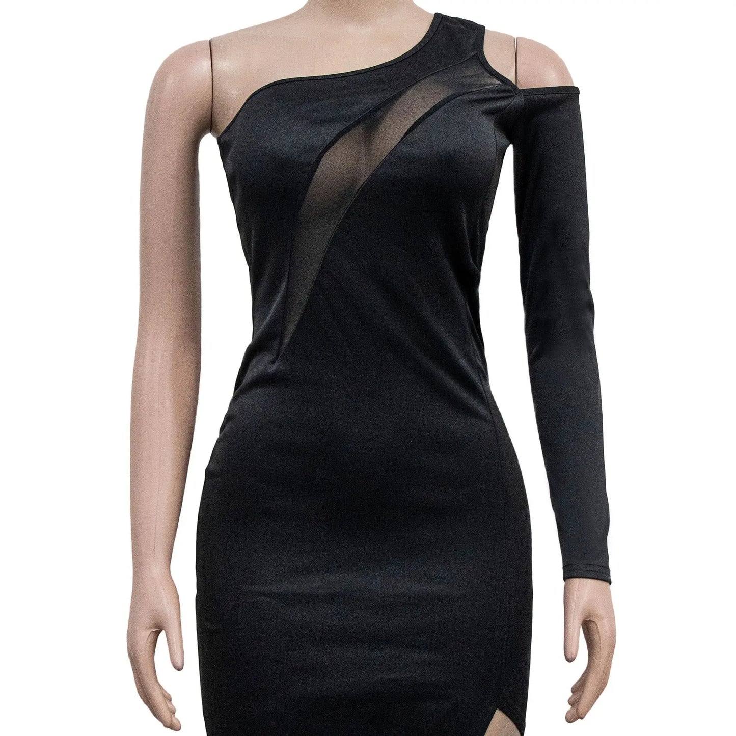 One Shoulder Mesh Long Sleeve Slit Evening Dress.