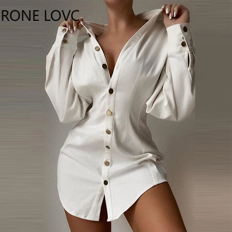 Long Sleeve Button Mini Shirt White Dress.