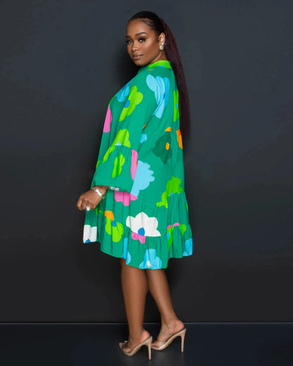 Painted Printing V-neck Long-sleeved Half-length Dress.