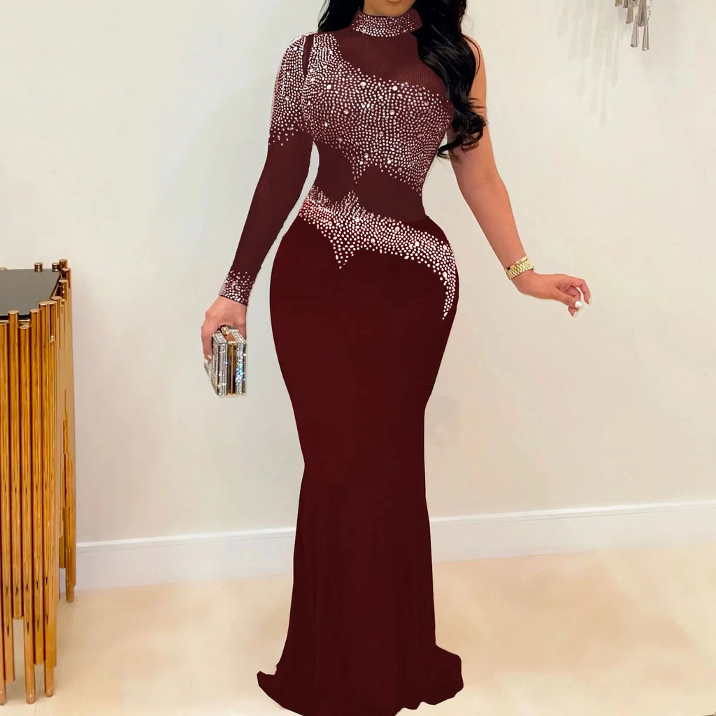 Rhinestone Sheer Luxury Patchwork Long Dress. - Missheko