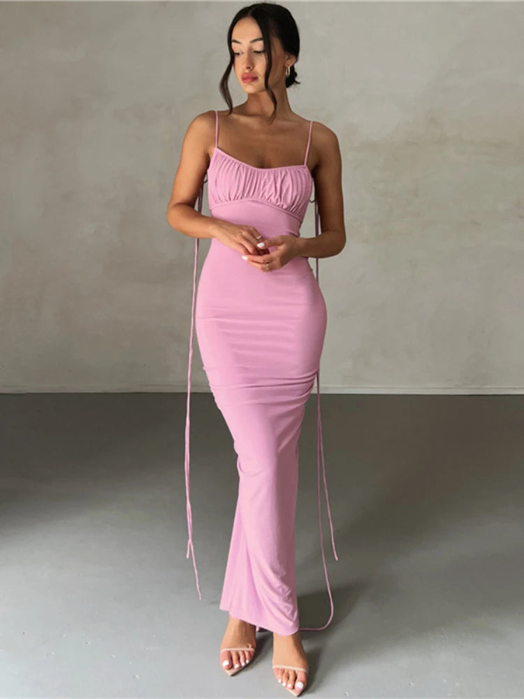 Pink Backless Spaghetti Strap Sexy Maxi Dress.