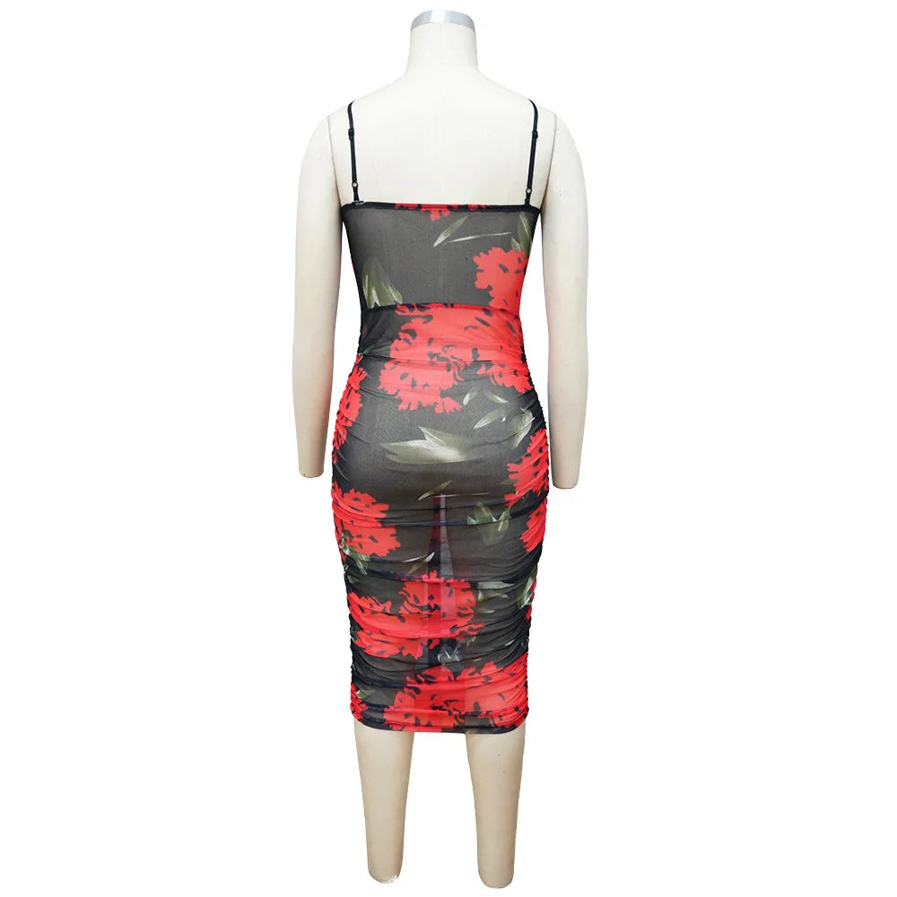 Wrapped Hip with Hanging Strap Printed Waist Wrapping Dress.