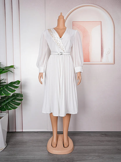 Long Sleeve V-Neck Beaded Chiffon Pleated Dress.